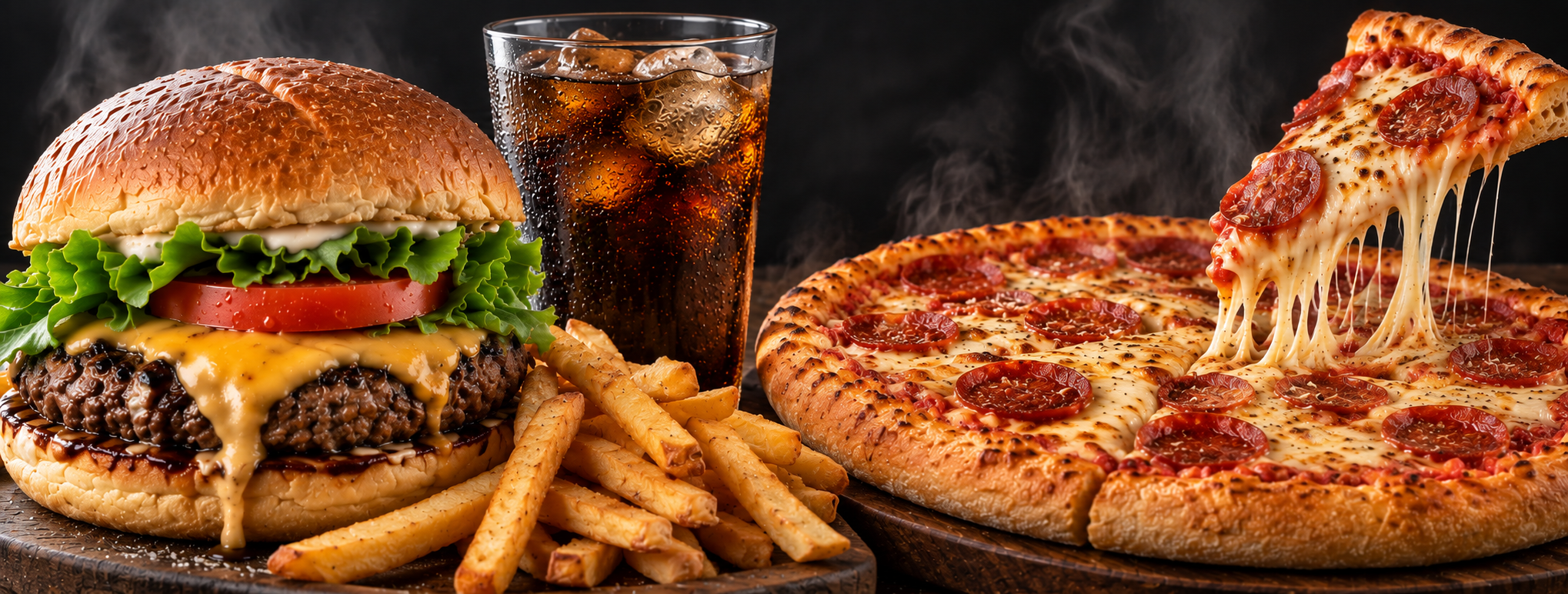 Hamburguesa con queso derretido, papas, pizza con porción levantada y refresco sobre fondo oscuro.
