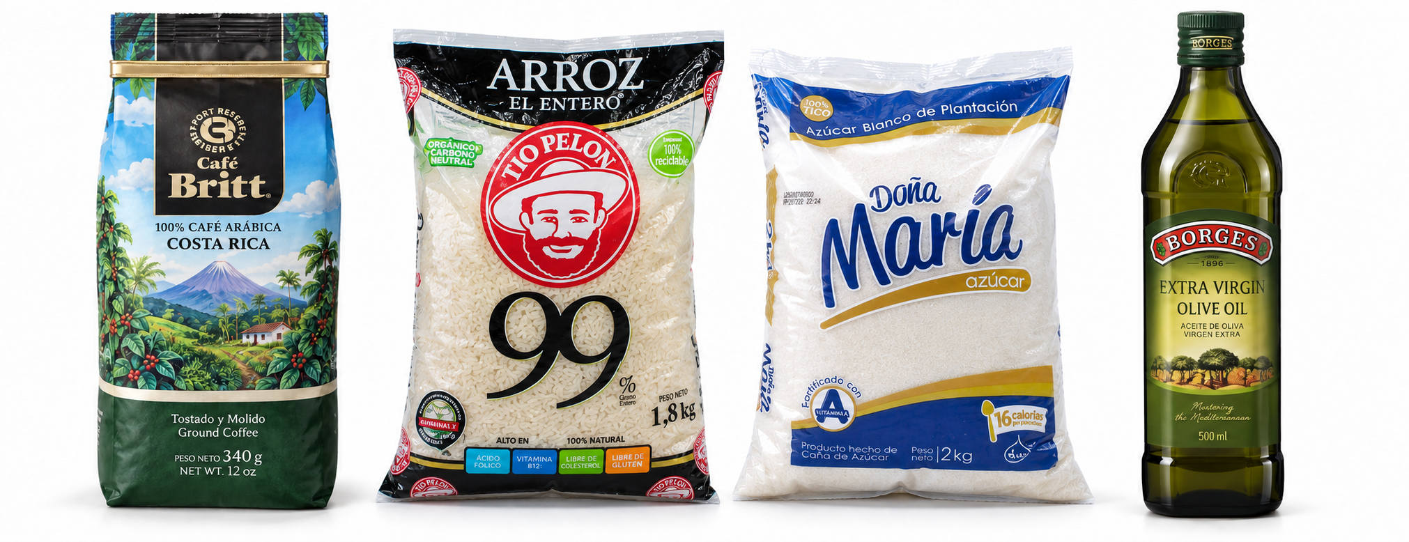 Café Britt, arroz Tío Pelón 99 %, azúcar Doña María y aceite de oliva sobre fondo blanco.
