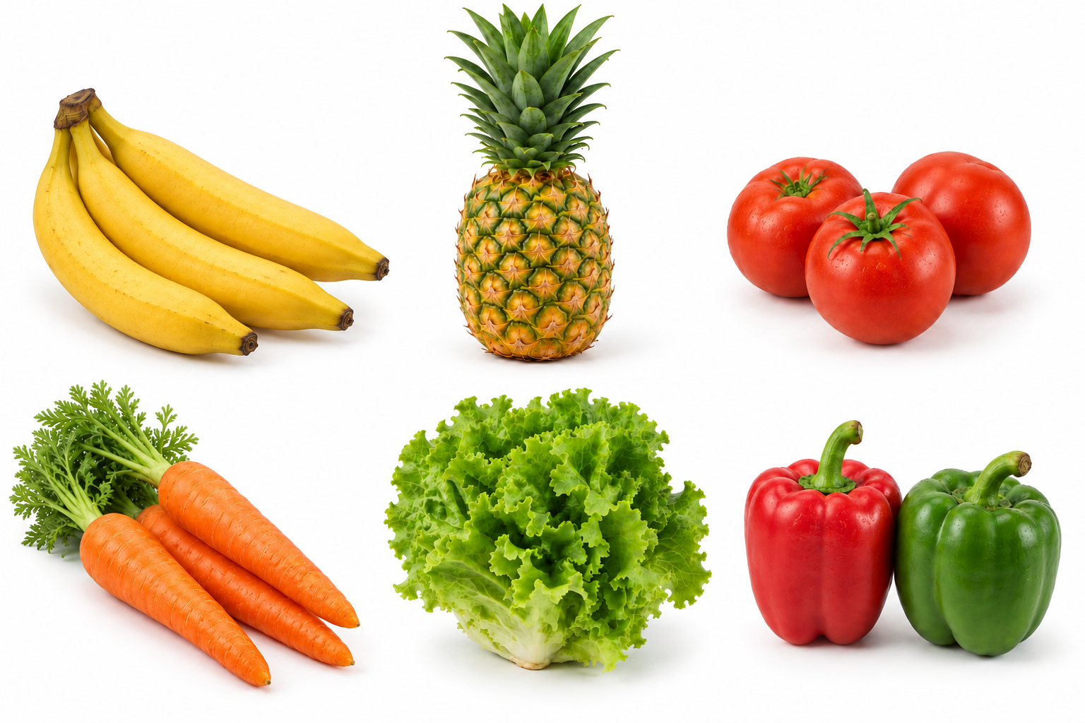 Plátanos maduros amarillos, piña, tomates, zanahorias, lechuga y chiles dulces separados sobre fondo blanco.
